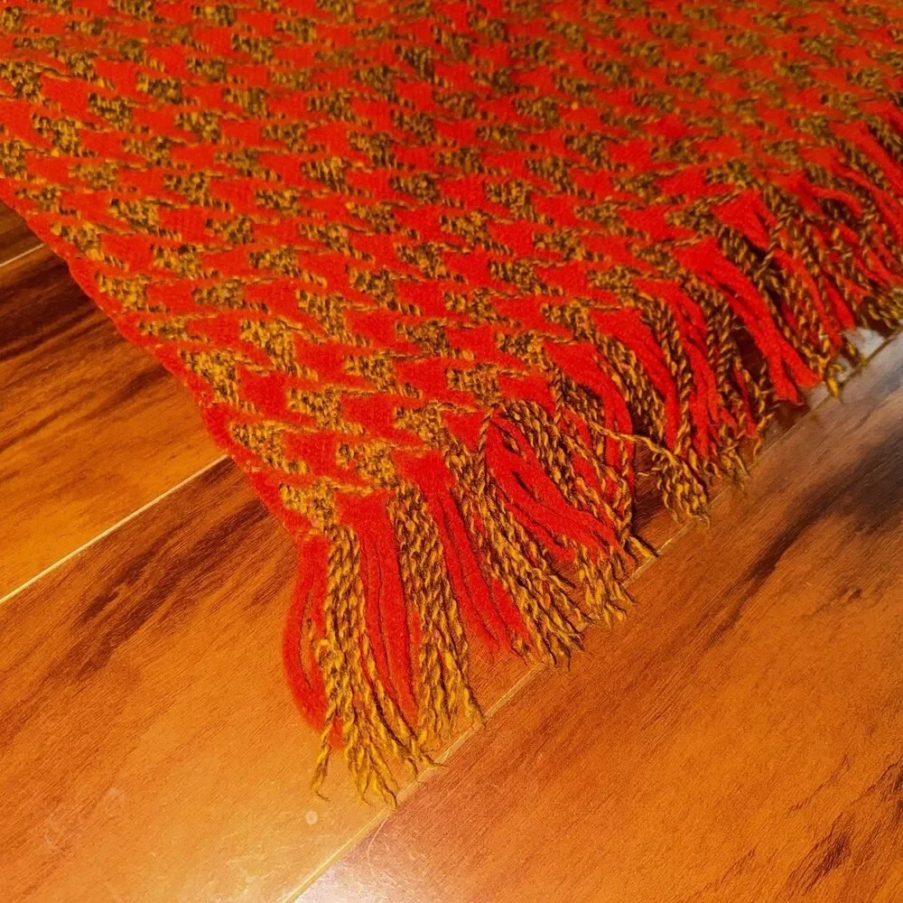 Vintage 60s 70s Pendleton Wool Houndstooth Fringed Throw Blanket Orange 53 x 62